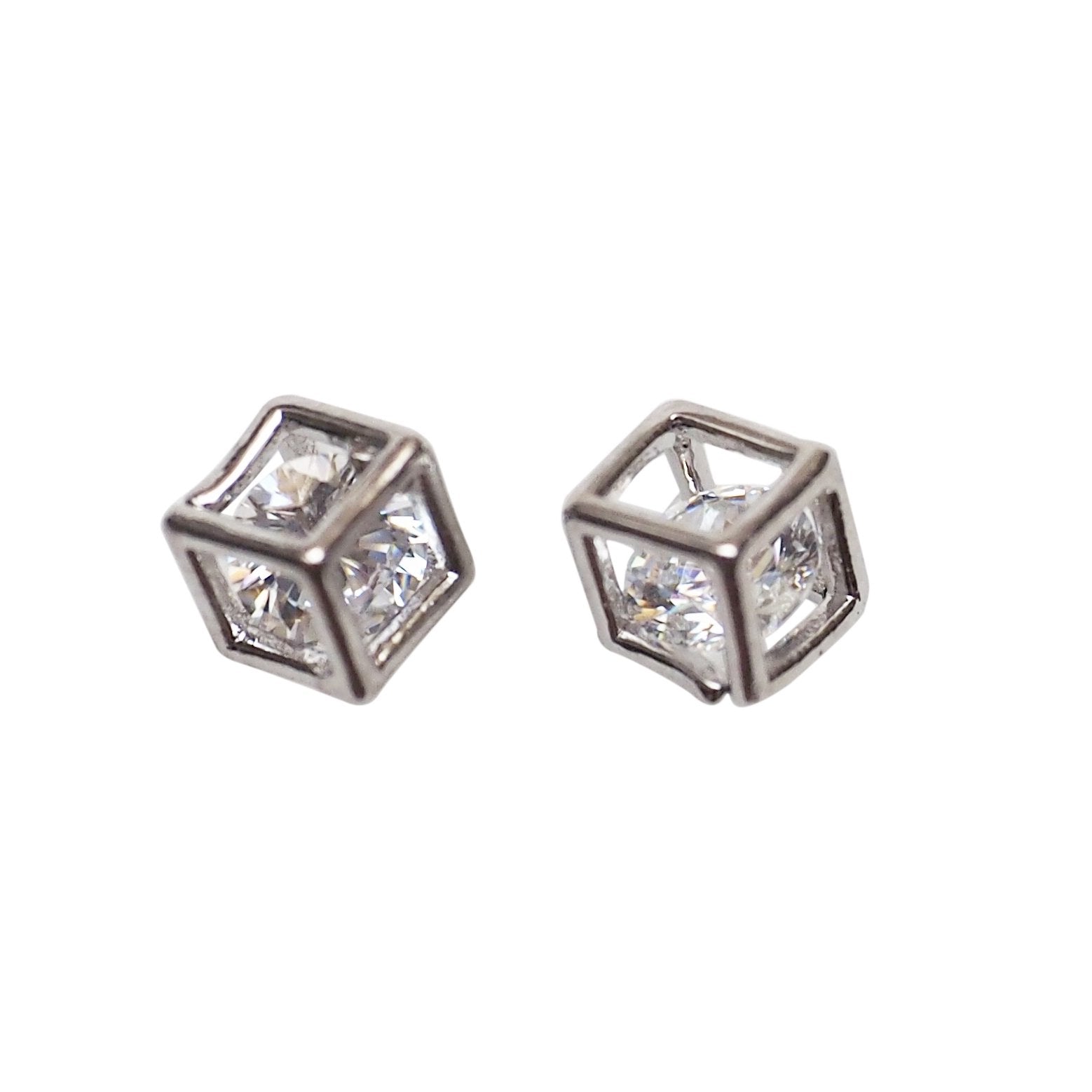 Cubic Zirconia Crystal In Cube Invisible Clip On Stud Earrings ( Silver tone ) - Miyabi Grace