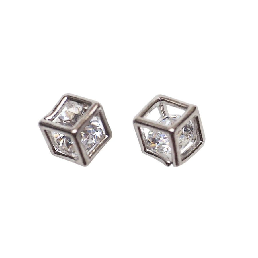 Cubic Zirconia Crystal In Cube Invisible Clip On Stud Earrings ( Silver tone ) - Miyabi Grace