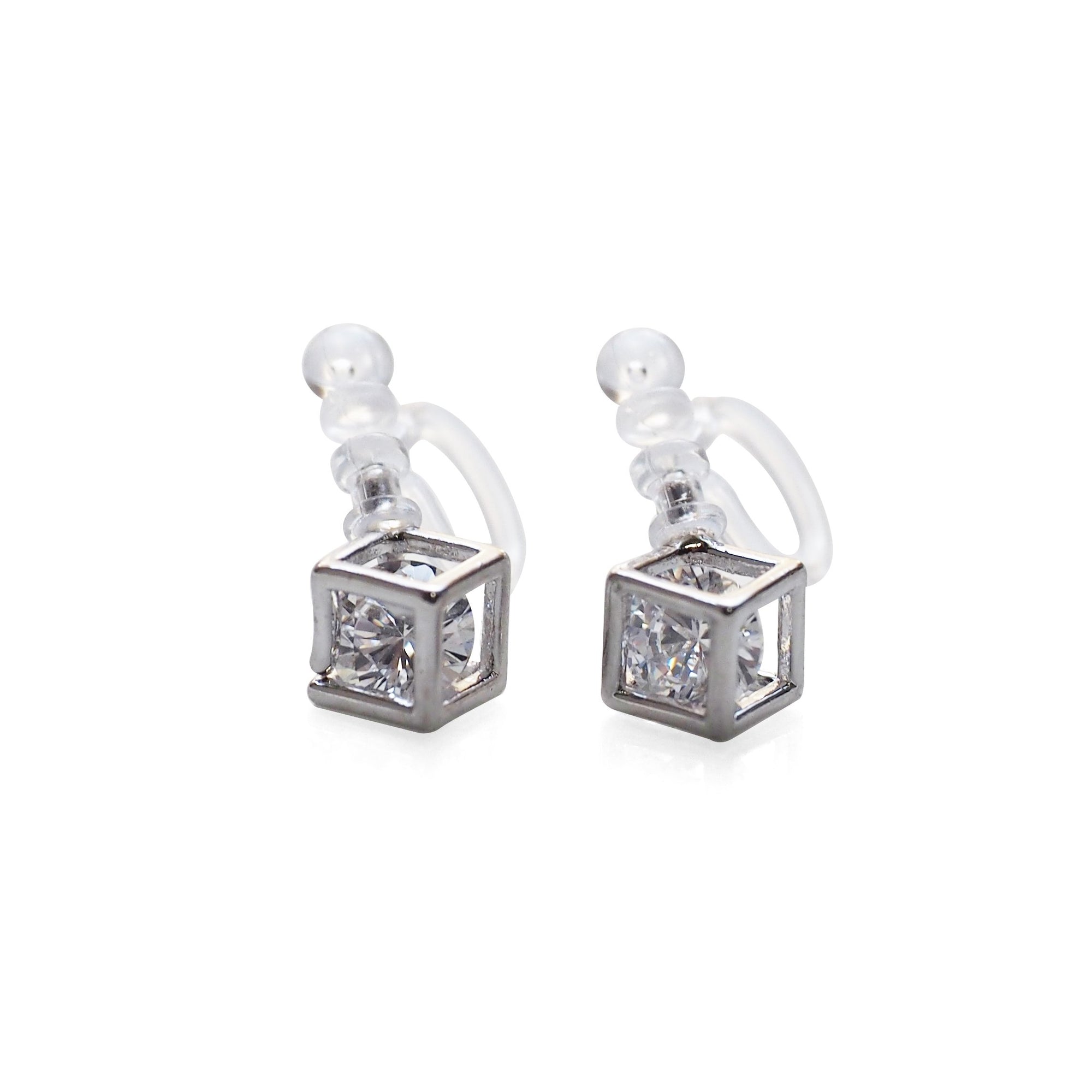 Cubic Zirconia Crystal In Cube Invisible Clip On Stud Earrings ( Silver tone ) - Miyabi Grace