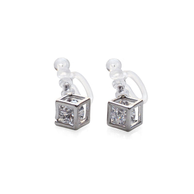 Cubic Zirconia Crystal In Cube Invisible Clip On Stud Earrings ( Silver tone ) - Miyabi Grace