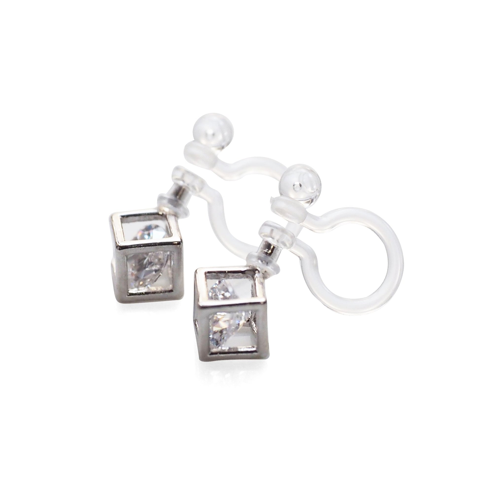 Cubic Zirconia Crystal In Cube Invisible Clip On Stud Earrings ( Silver tone ) - Miyabi Grace