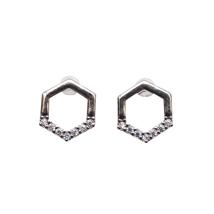 Cubic Zirconia Crystal Pave Hexagon Invisible Clip On Stud Earrings ( Silver tone ) - Miyabi Grace