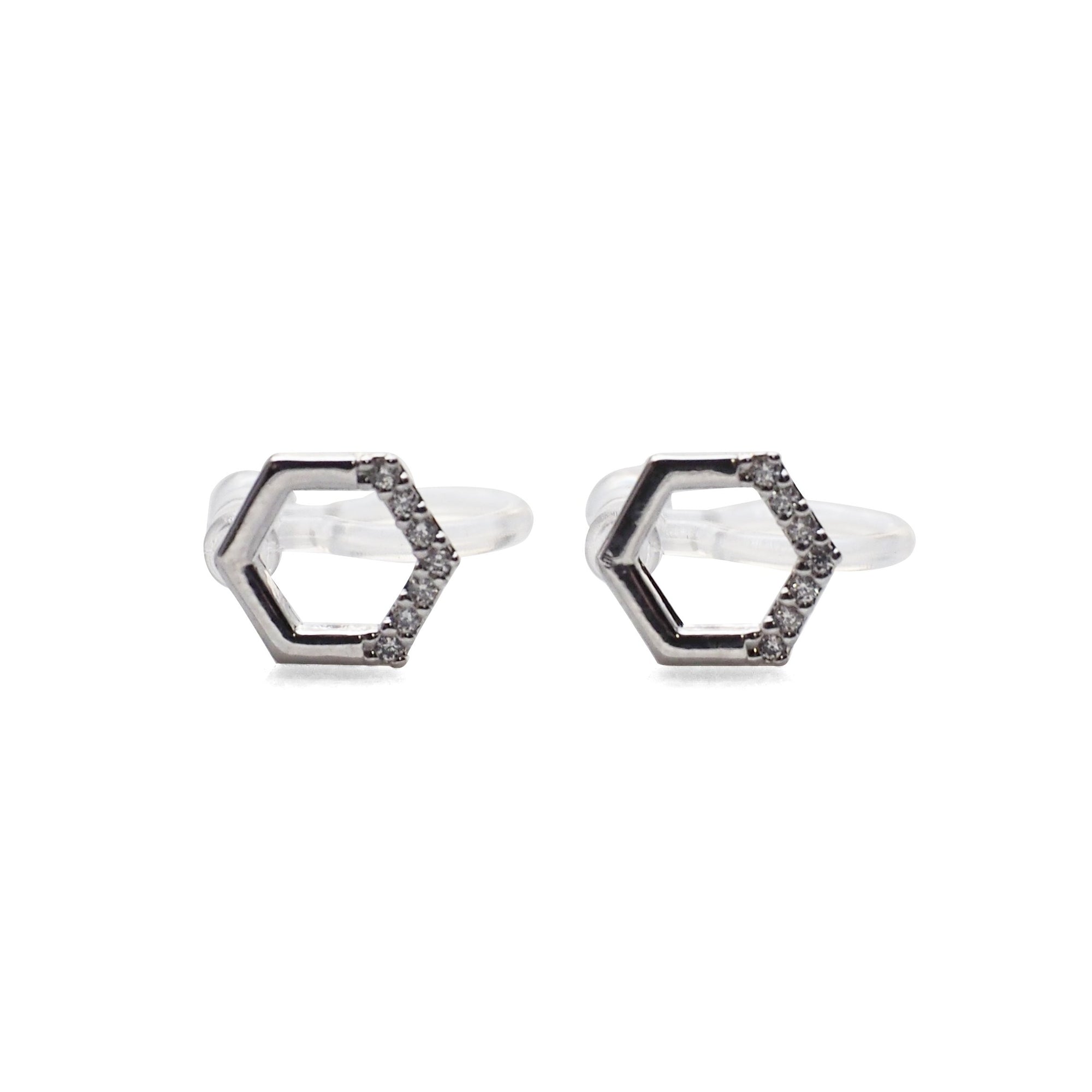 Cubic Zirconia Crystal Pave Hexagon Invisible Clip On Stud Earrings ( Silver tone ) - Miyabi Grace