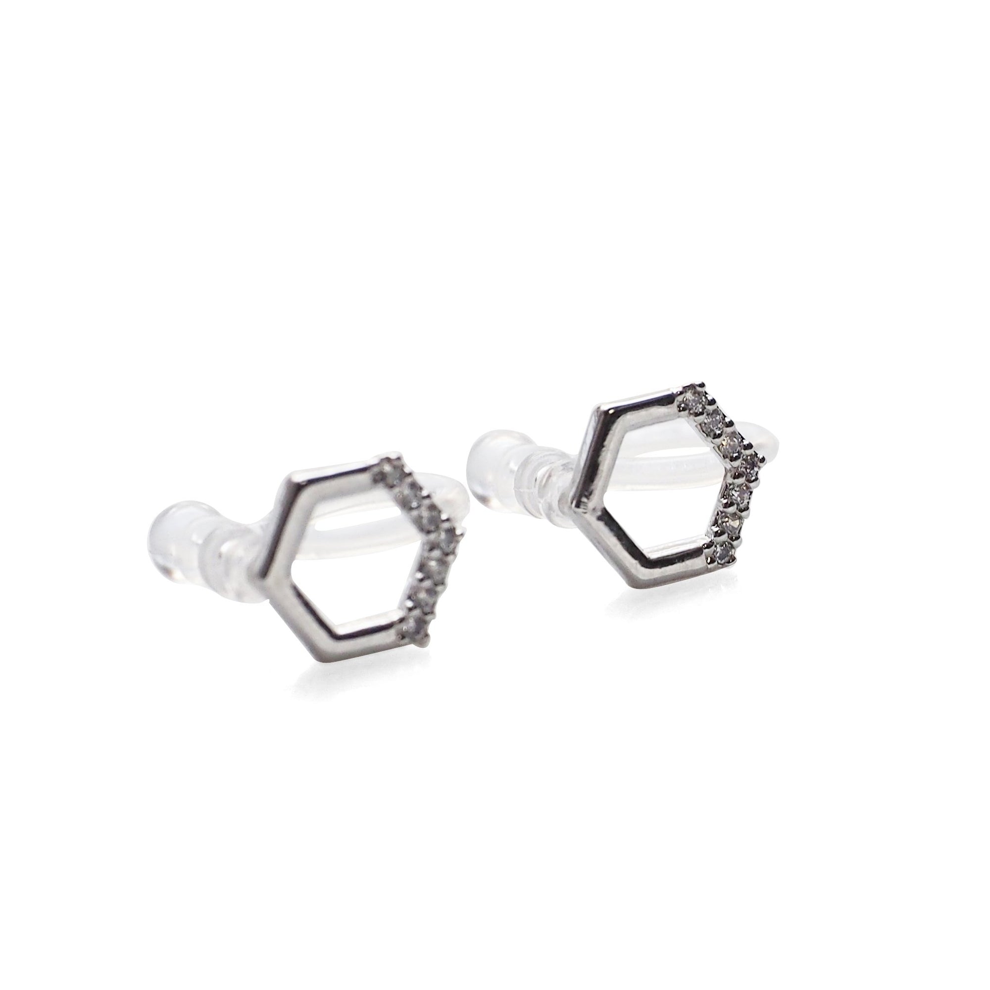 Cubic Zirconia Crystal Pave Hexagon Invisible Clip On Stud Earrings ( Silver tone ) - Miyabi Grace