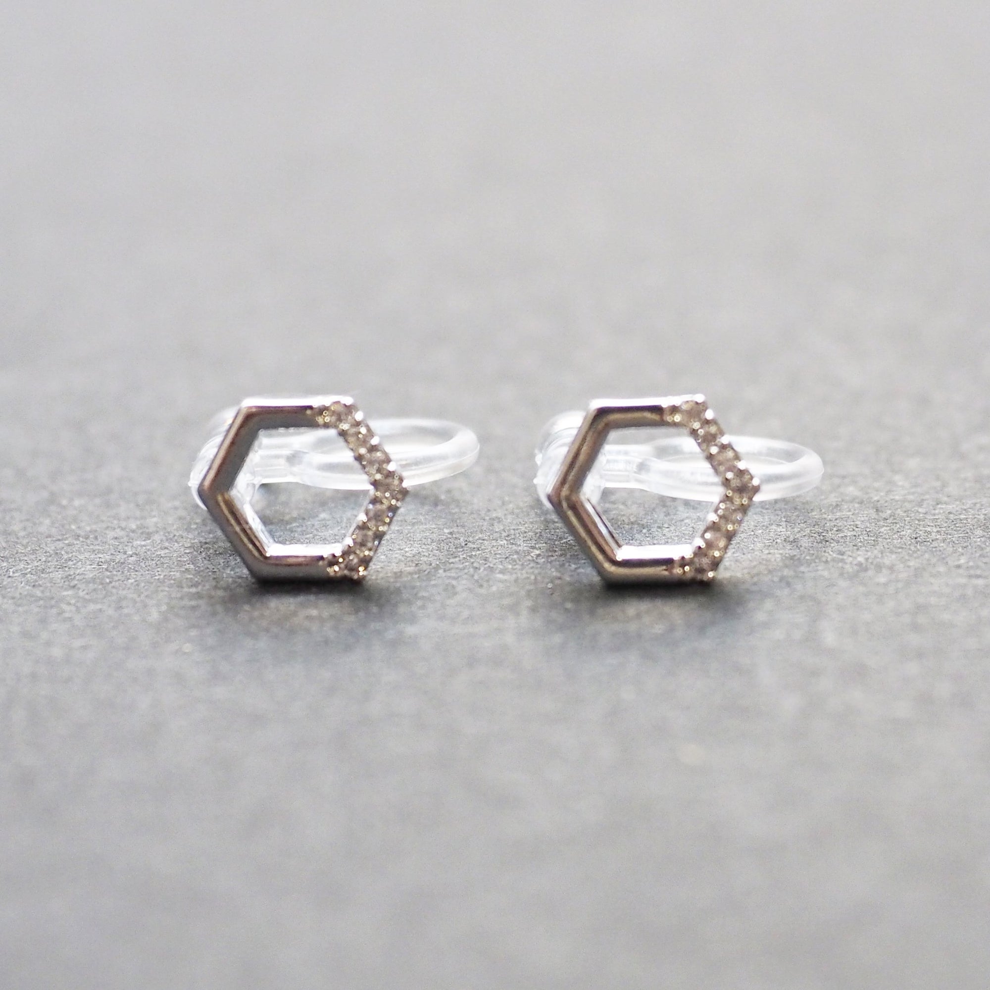 Cubic Zirconia Crystal Pave Hexagon Invisible Clip On Stud Earrings ( Silver tone ) - Miyabi Grace