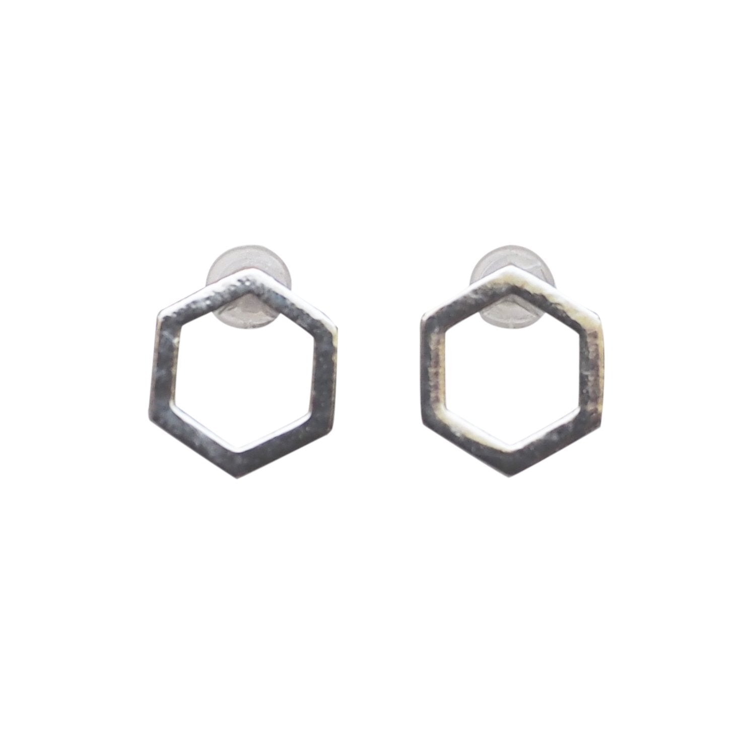 Hexagon Invisible Clip On Stud Earrings ( Silver tone ) - Miyabi Grace