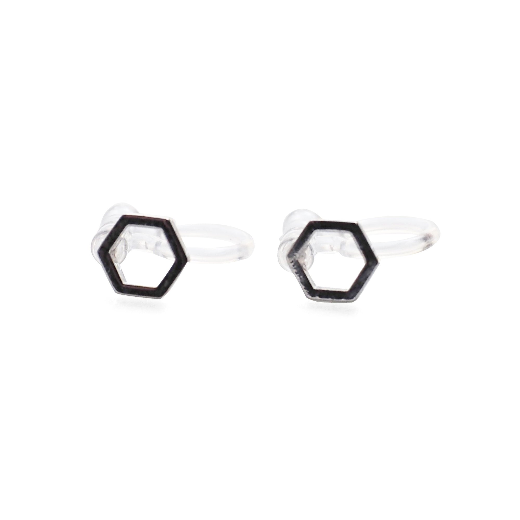Hexagon Invisible Clip On Stud Earrings ( Silver tone ) - Miyabi Grace