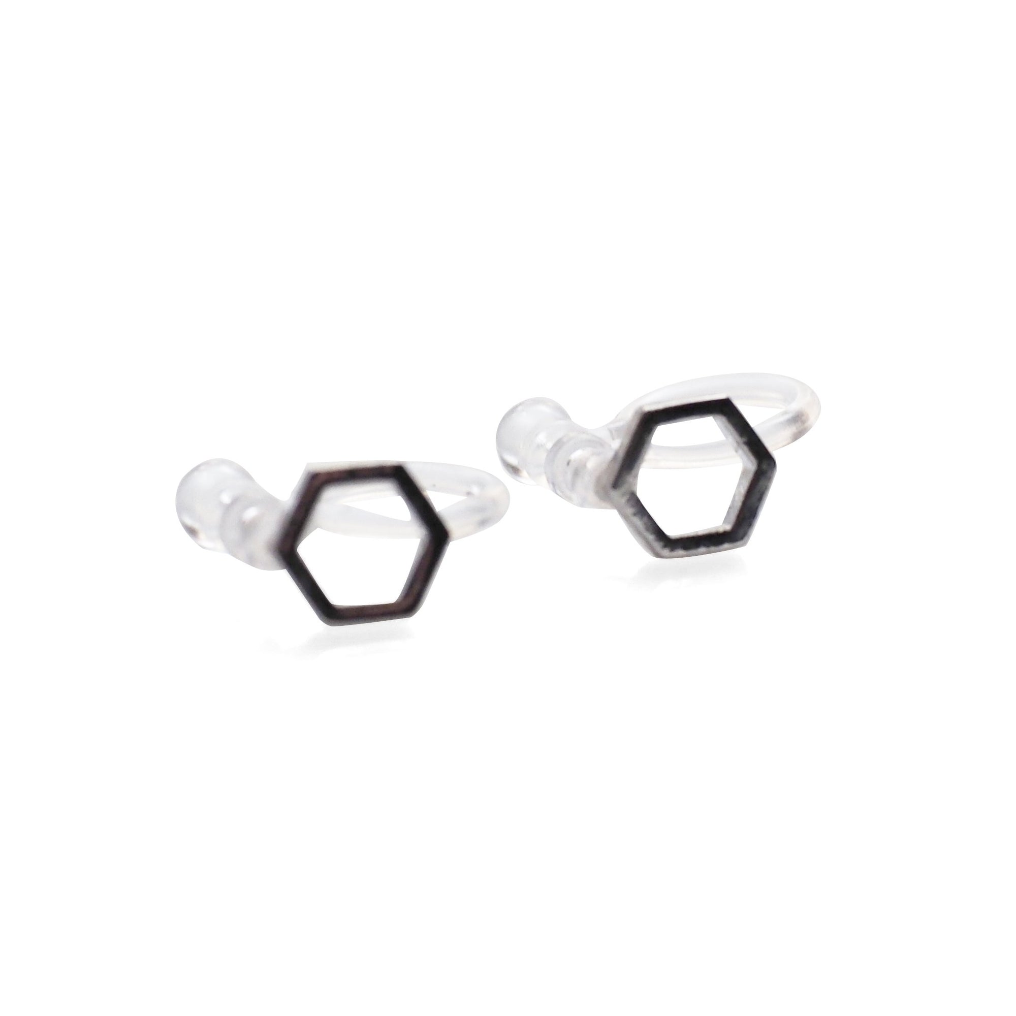 Hexagon Invisible Clip On Stud Earrings ( Silver tone ) - Miyabi Grace