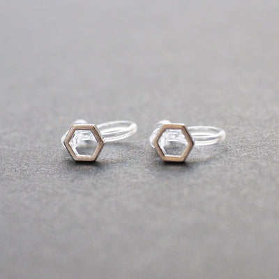 Hexagon Invisible Clip On Stud Earrings ( Silver tone ) - Miyabi Grace