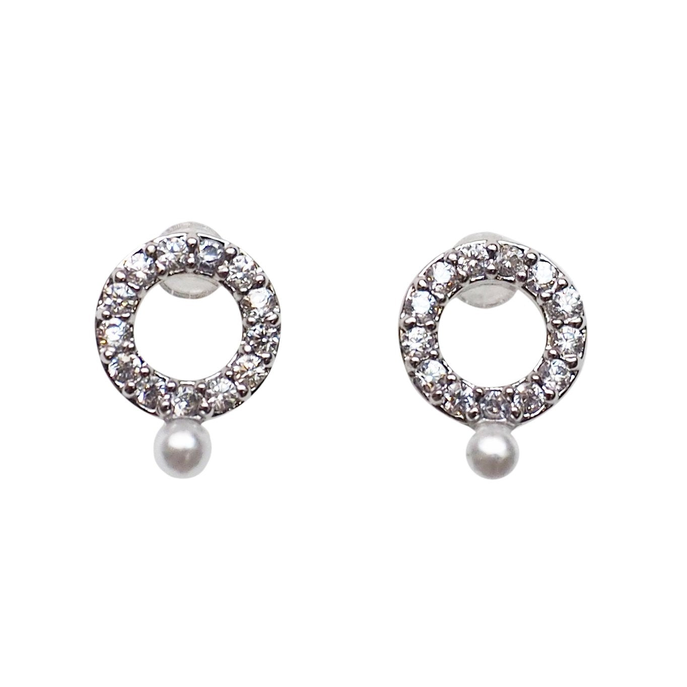 Cubic Zirconia Crystal Pave Hoop with White Pearl Invisible Clip On Stud Earrings ( Silver tone ) - Miyabi Grace