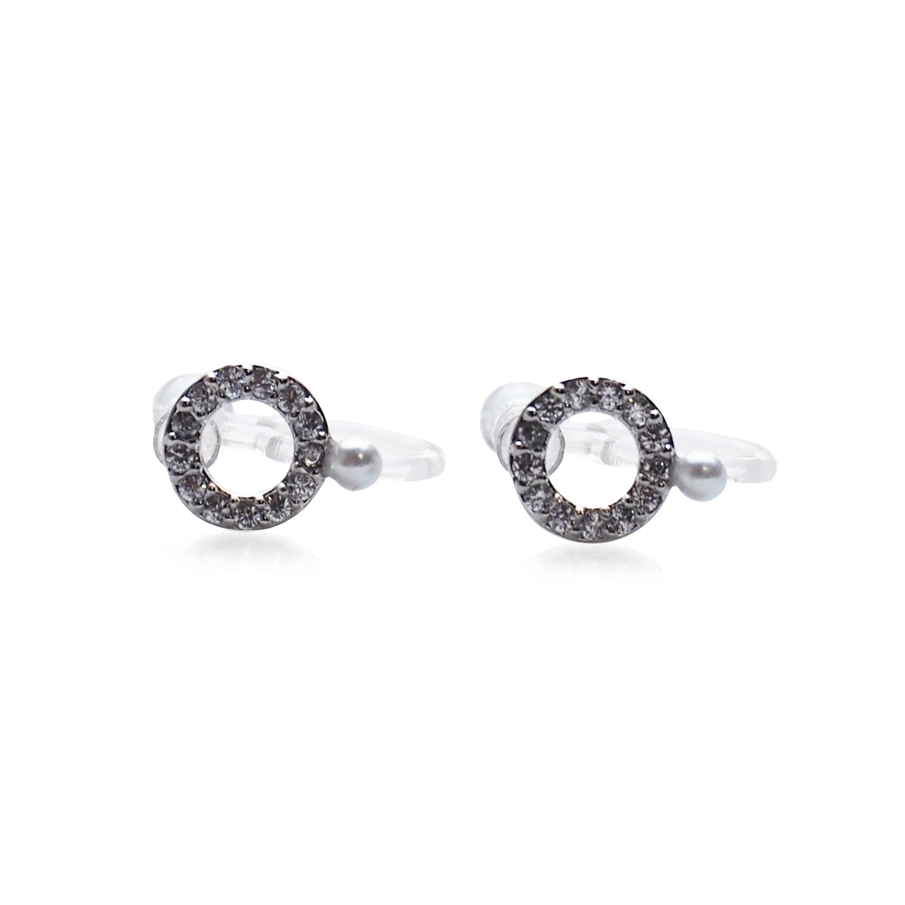 Cubic Zirconia Crystal Pave Hoop with White Pearl Invisible Clip On Stud Earrings ( Silver tone ) - Miyabi Grace