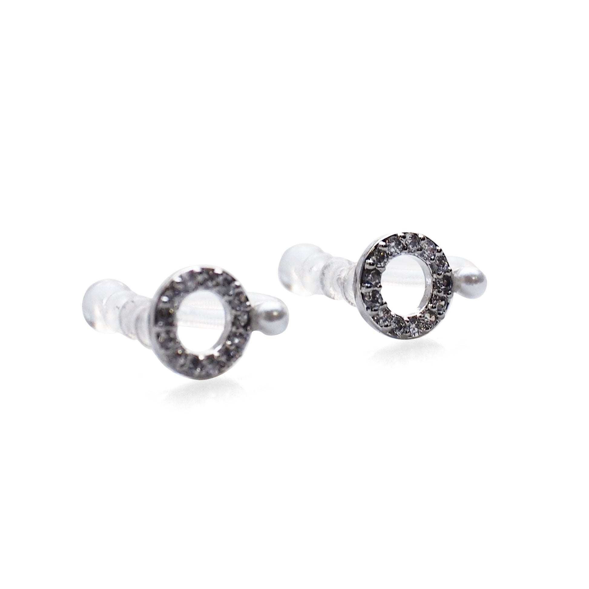 Cubic Zirconia Crystal Pave Hoop with White Pearl Invisible Clip On Stud Earrings ( Silver tone ) - Miyabi Grace