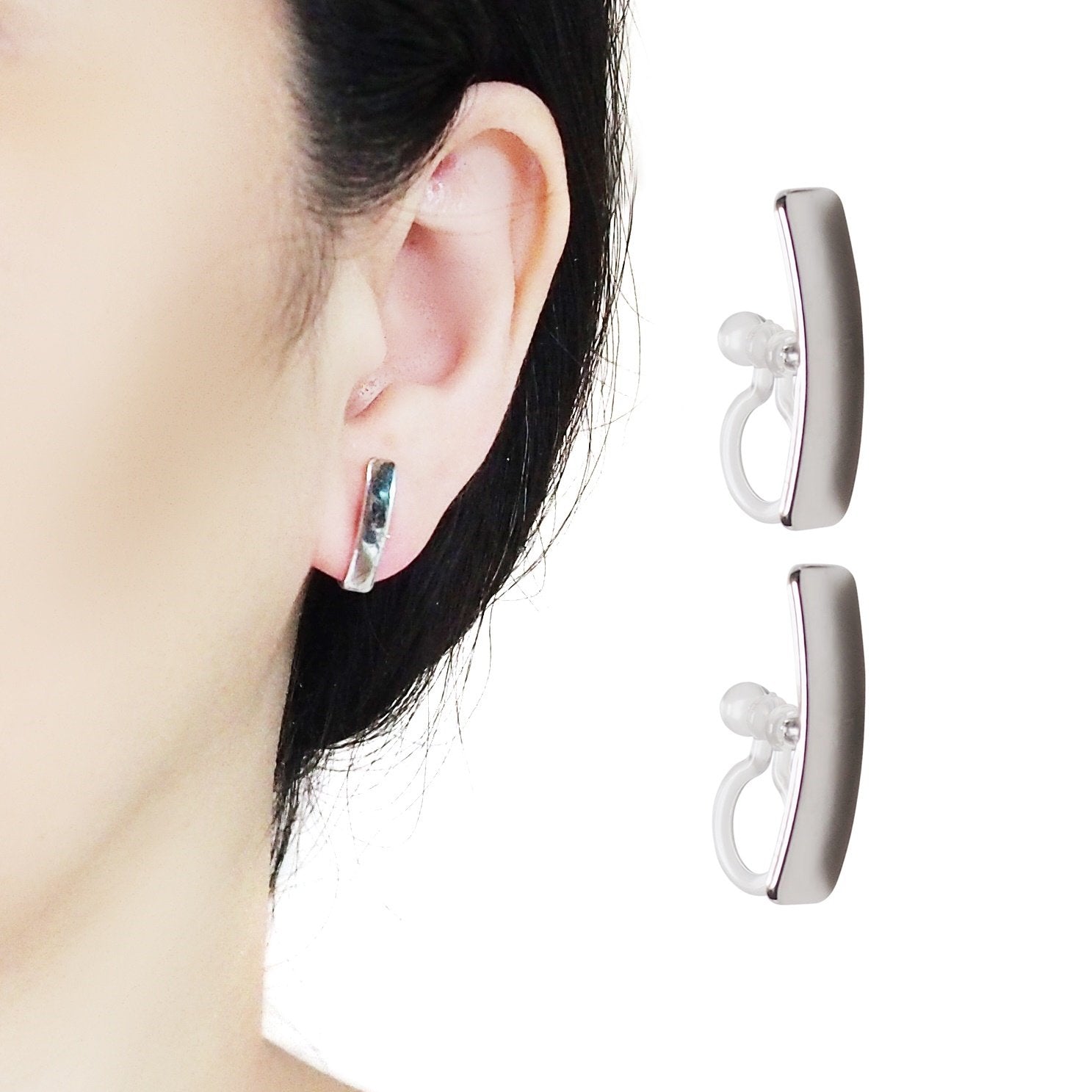 Silver Curved Short Bar Invisible Clip On Stud Earrings
