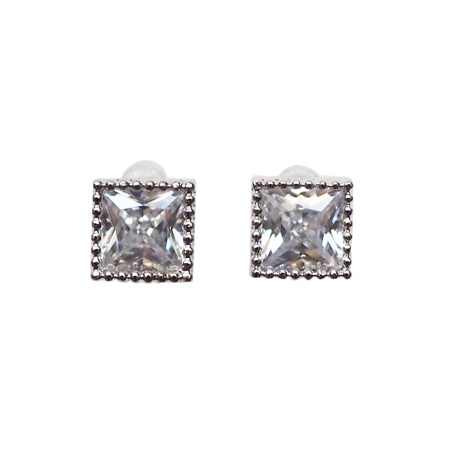 Square Cubic Zirconia Crystal Invisible Clip On Stud Earrings ( Silver tone ) - Miyabi Grace