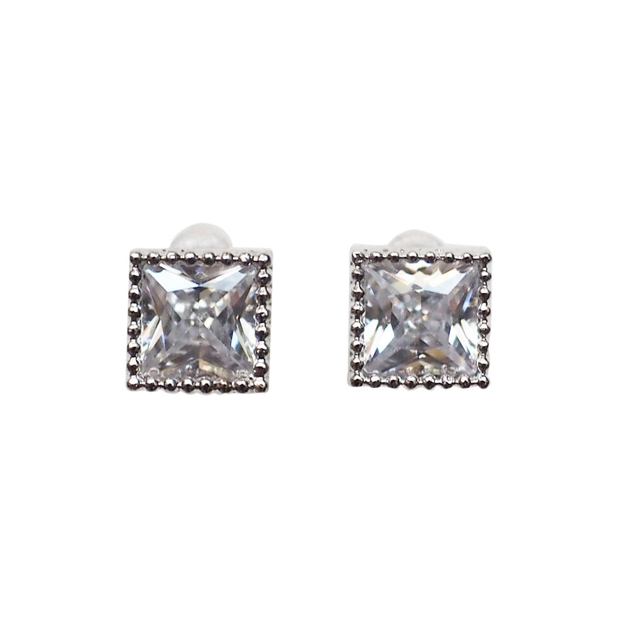 Square Cubic Zirconia Crystal Invisible Clip On Stud Earrings ( Silver tone ) - Miyabi Grace