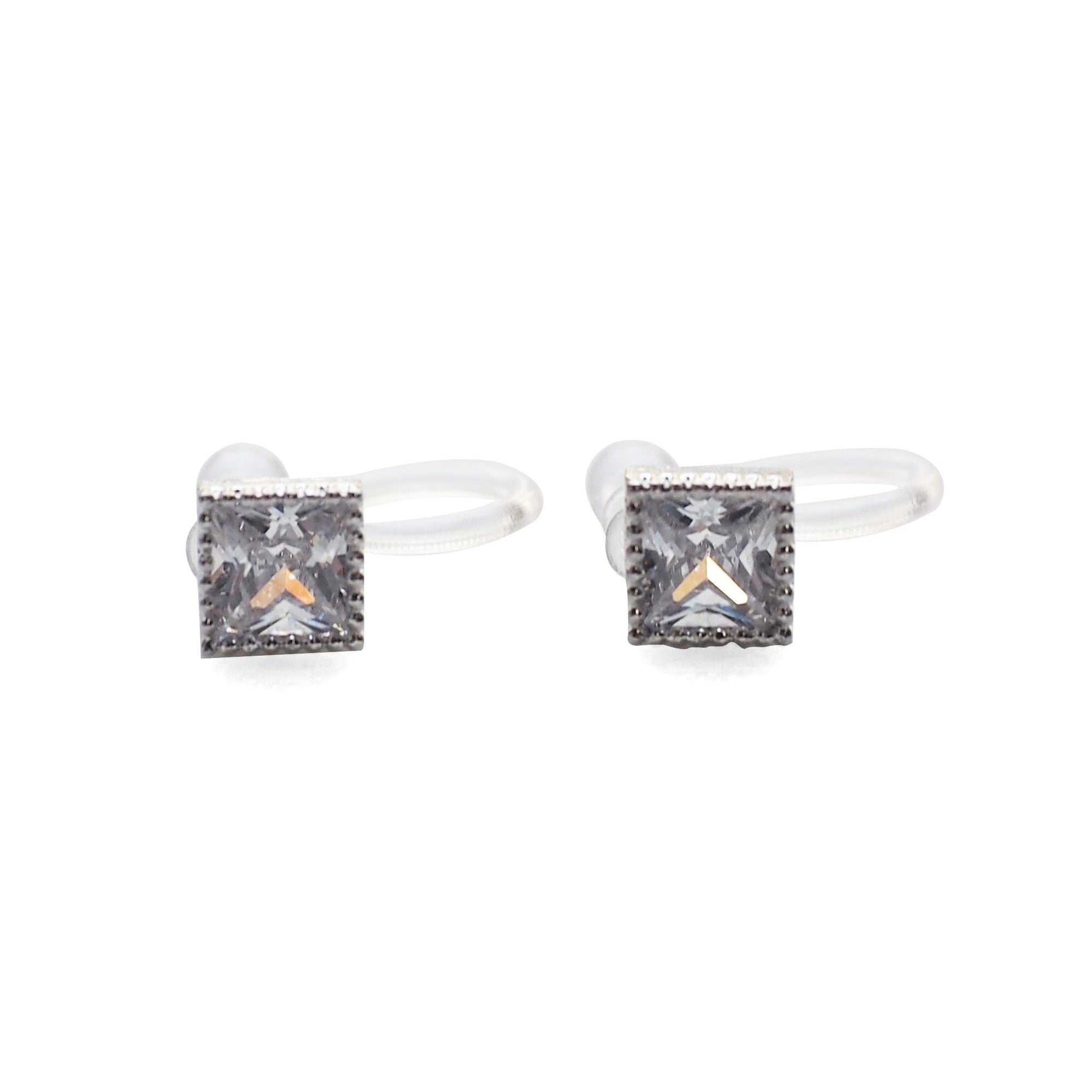 Square Cubic Zirconia Crystal Invisible Clip On Stud Earrings ( Silver tone ) - Miyabi Grace
