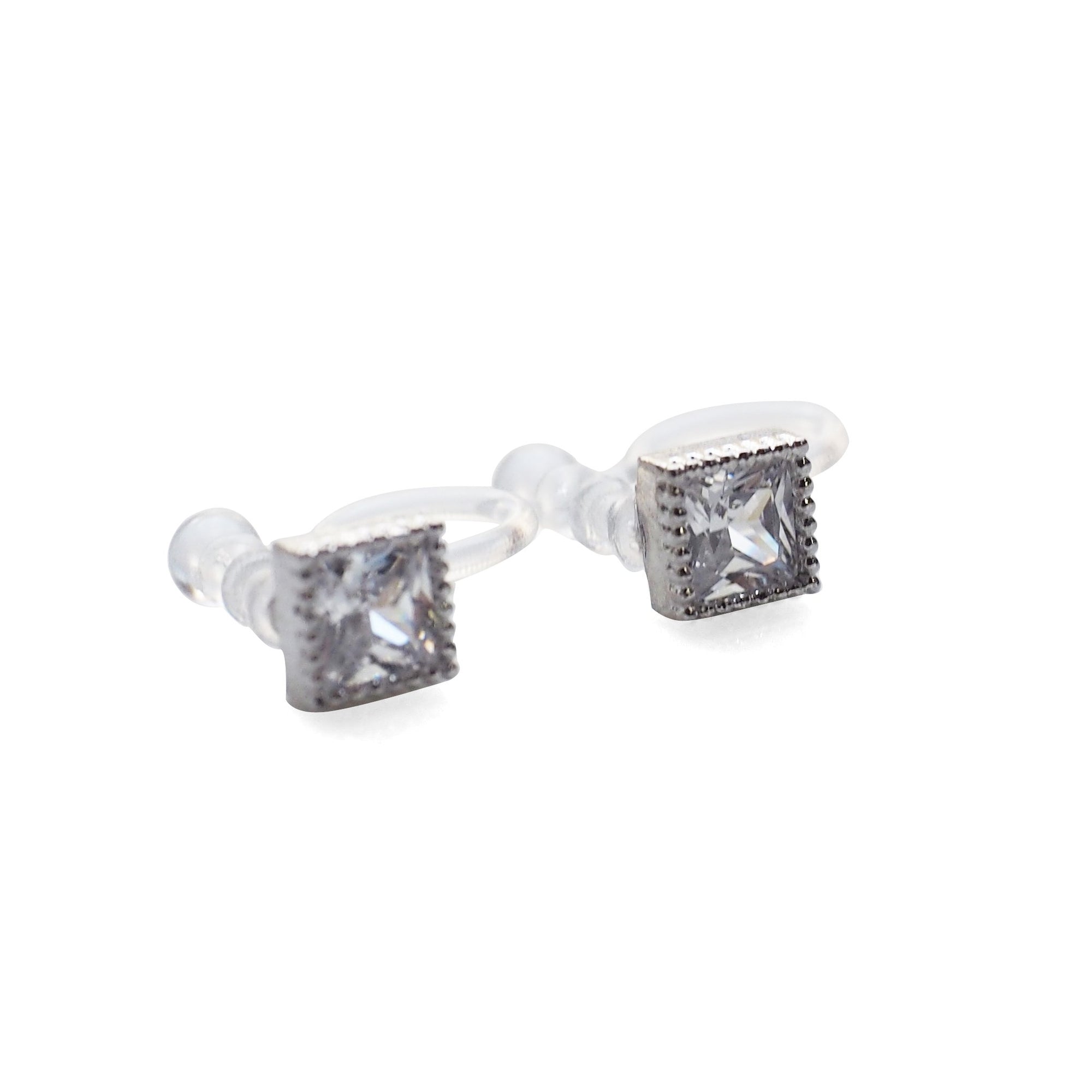 Square Cubic Zirconia Crystal Invisible Clip On Stud Earrings ( Silver tone ) - Miyabi Grace