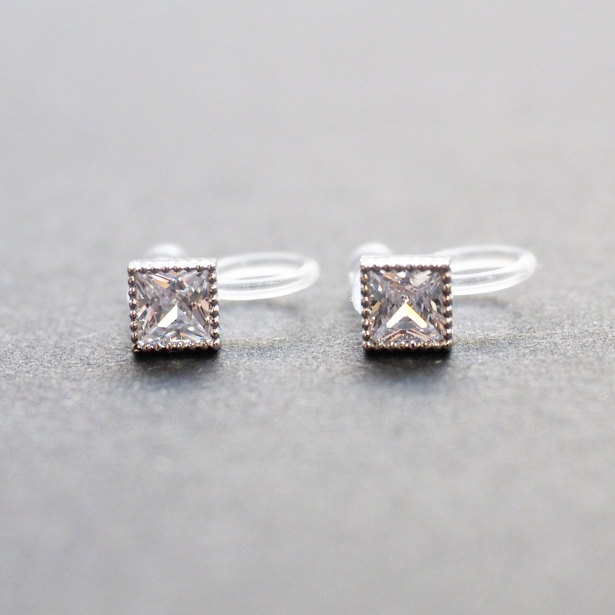 Square Cubic Zirconia Crystal Invisible Clip On Stud Earrings ( Silver tone ) - Miyabi Grace