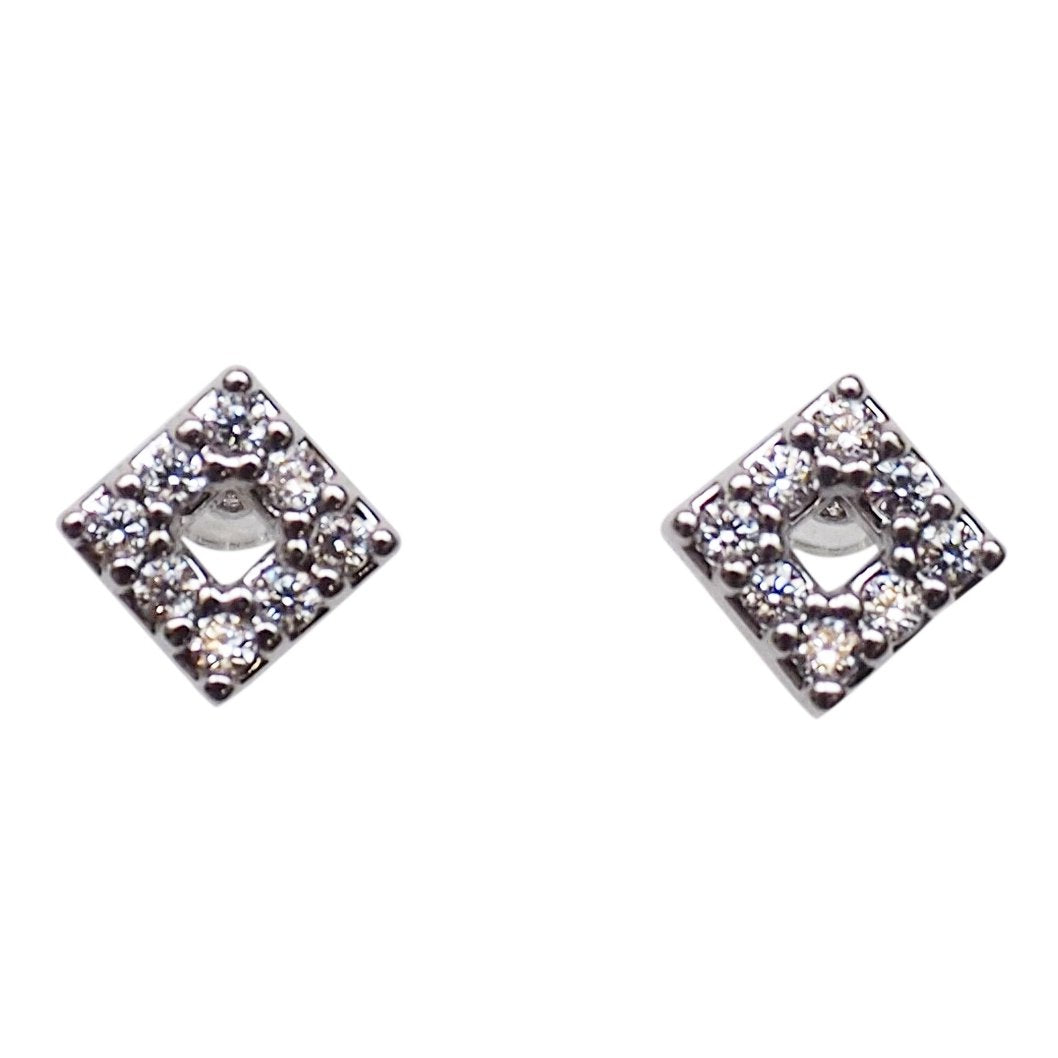 Square Cubic Zirconia Crystal Pave Invisible Clip On Stud Earrings ( Silver tone ) - Miyabi Grace