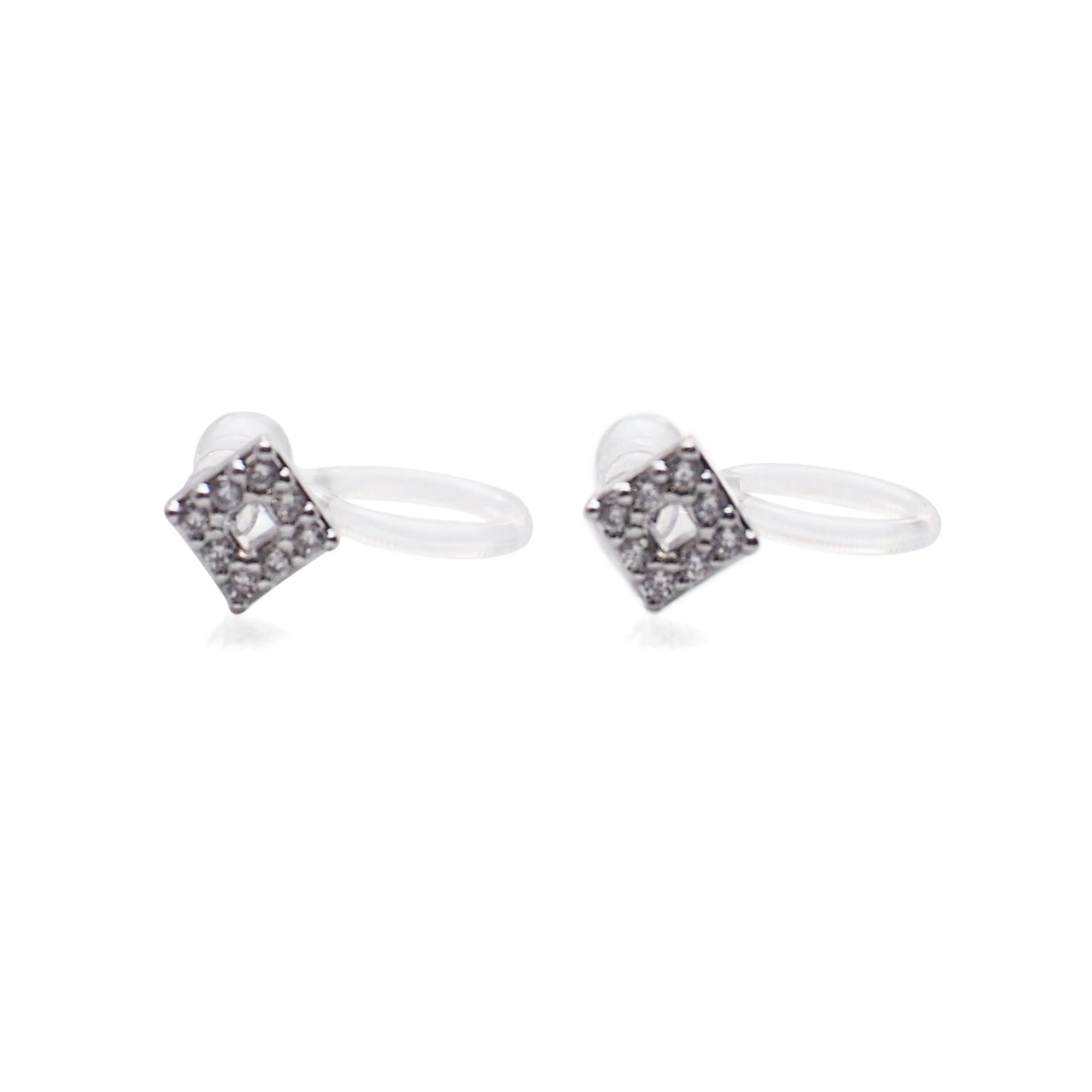 Square Cubic Zirconia Crystal Pave Invisible Clip On Stud Earrings ( Silver tone ) - Miyabi Grace