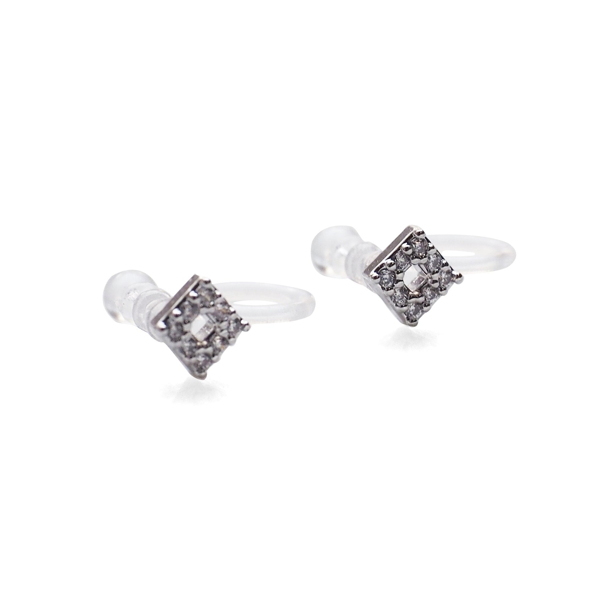 Square Cubic Zirconia Crystal Pave Invisible Clip On Stud Earrings ( Silver tone ) - Miyabi Grace