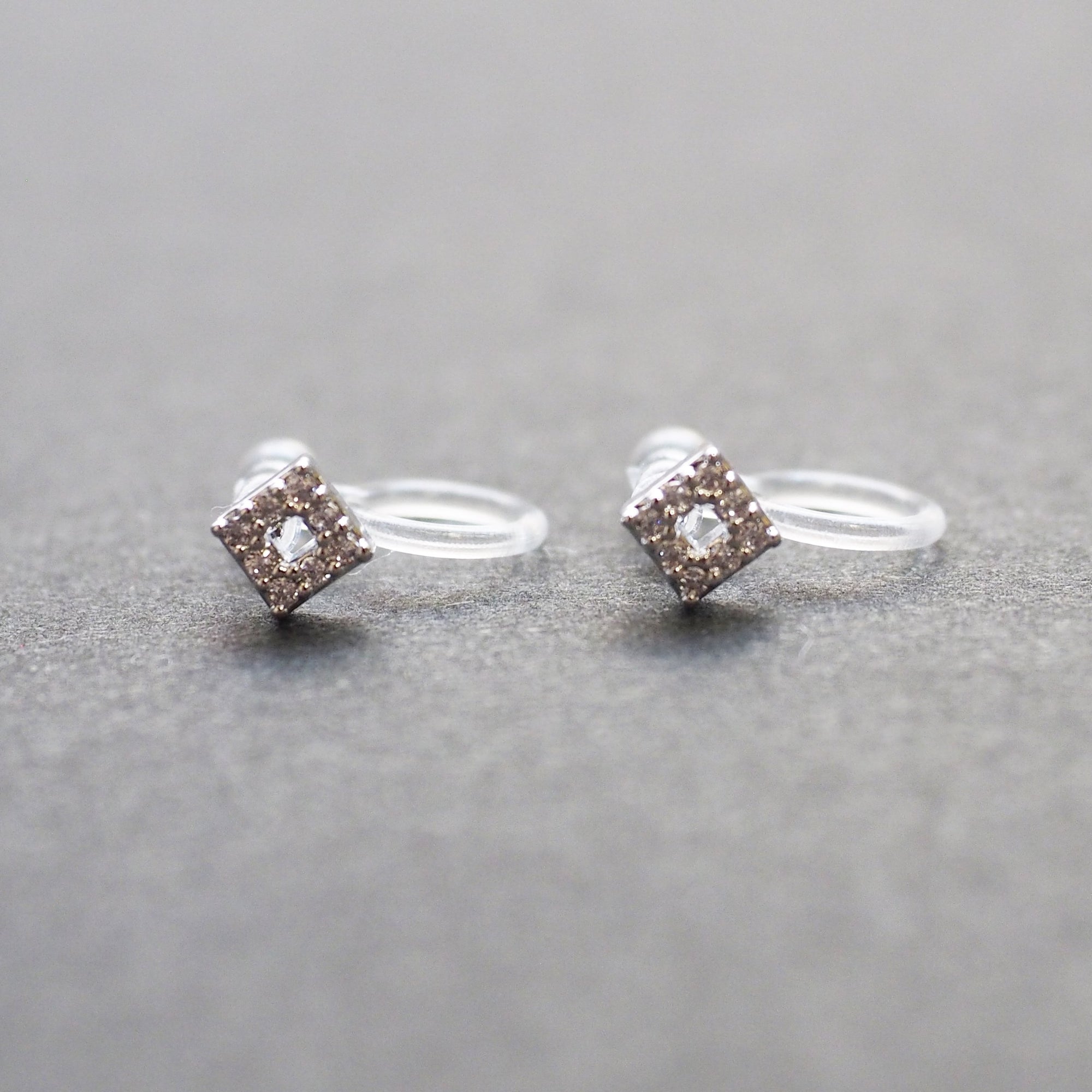 Square Cubic Zirconia Crystal Pave Invisible Clip On Stud Earrings ( Silver tone ) - Miyabi Grace