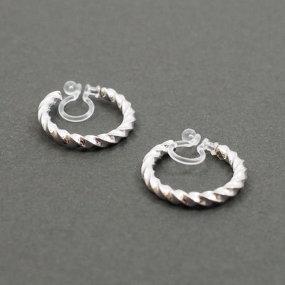 Silver Textured Invisible Clip On Hoop Earrings - Miyabi Grace