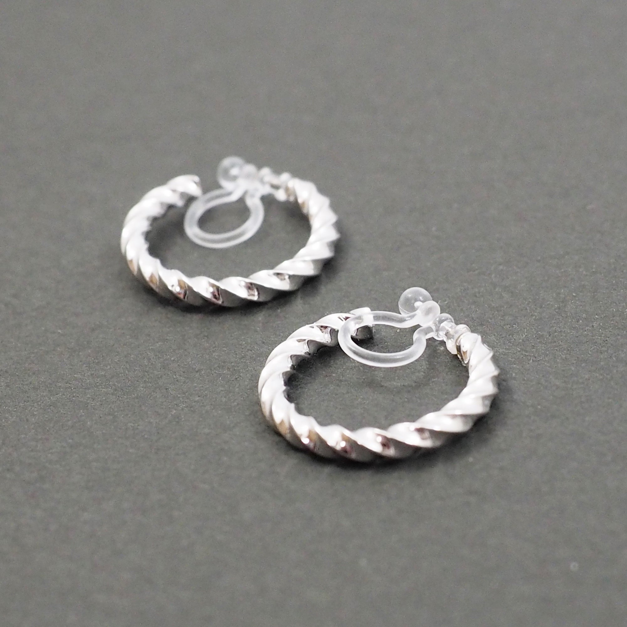 Silver Textured Invisible Clip On Hoop Earrings - Miyabi Grace