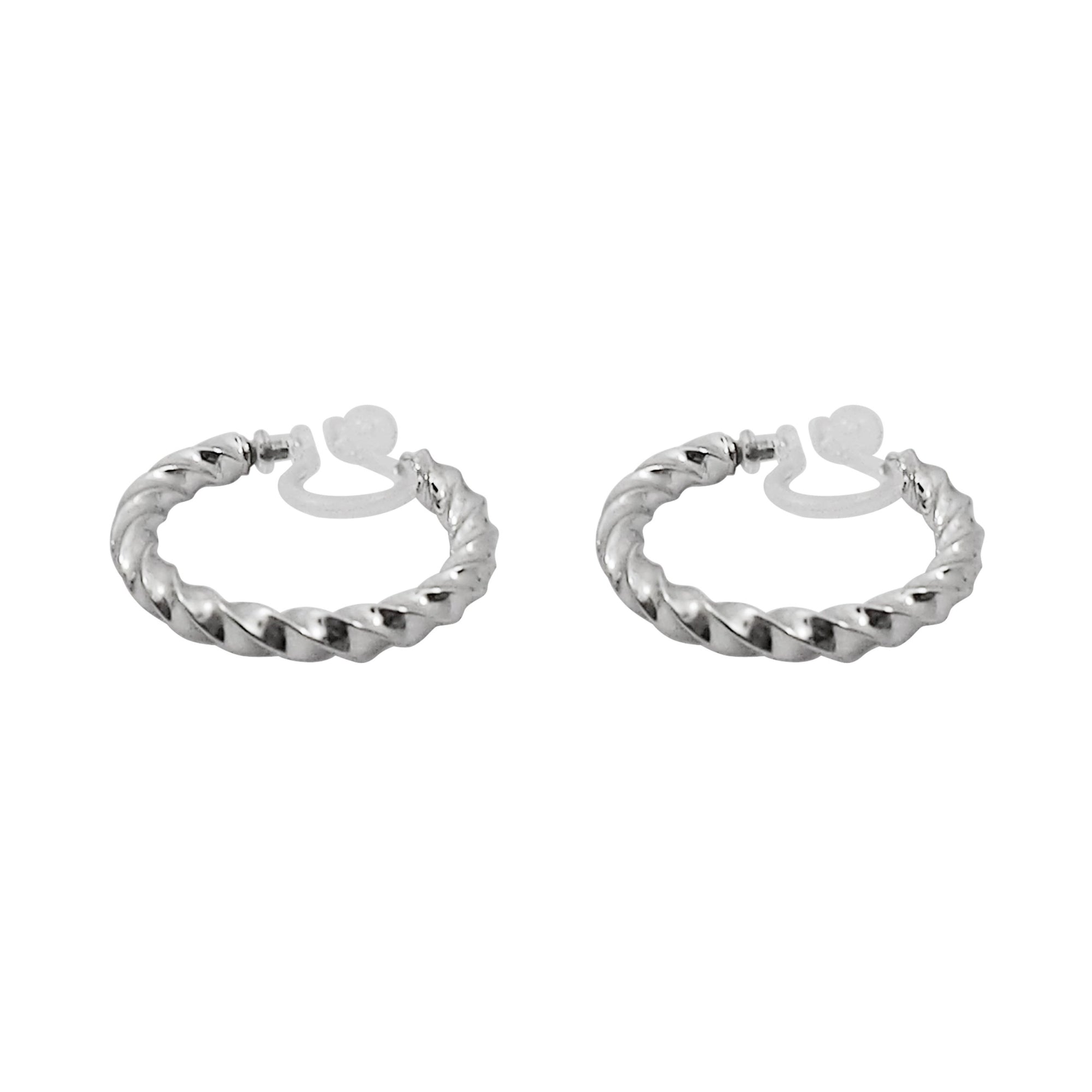 Silver Textured Invisible Clip On Hoop Earrings - Miyabi Grace