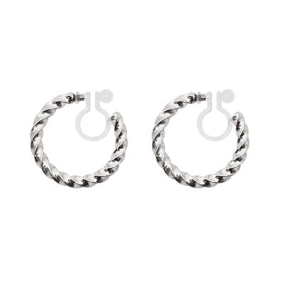 Silver Textured Invisible Clip On Hoop Earrings - Miyabi Grace