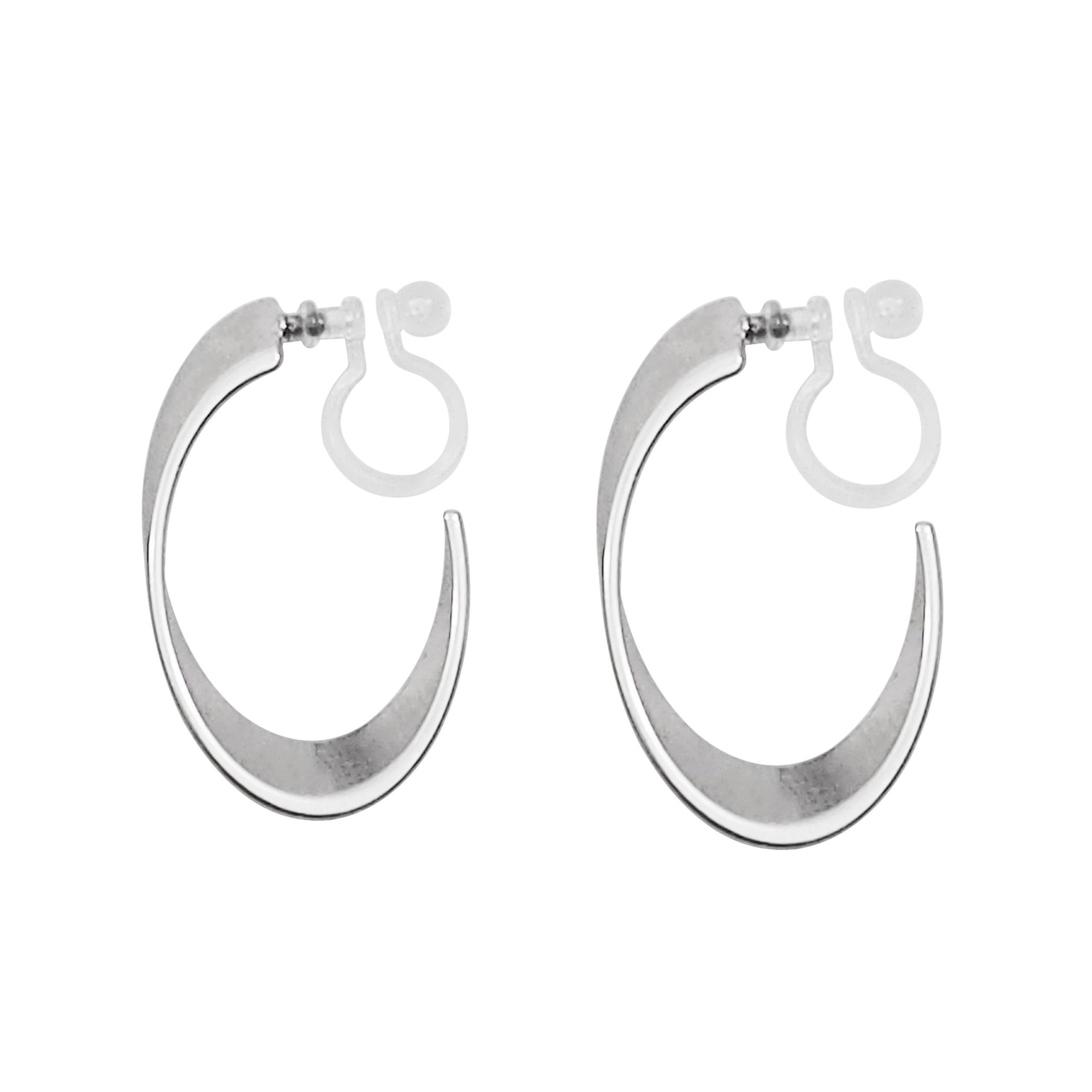 Silver Twisted Oval Invisible Clip On Hoop Earrings - Miyabi Grace