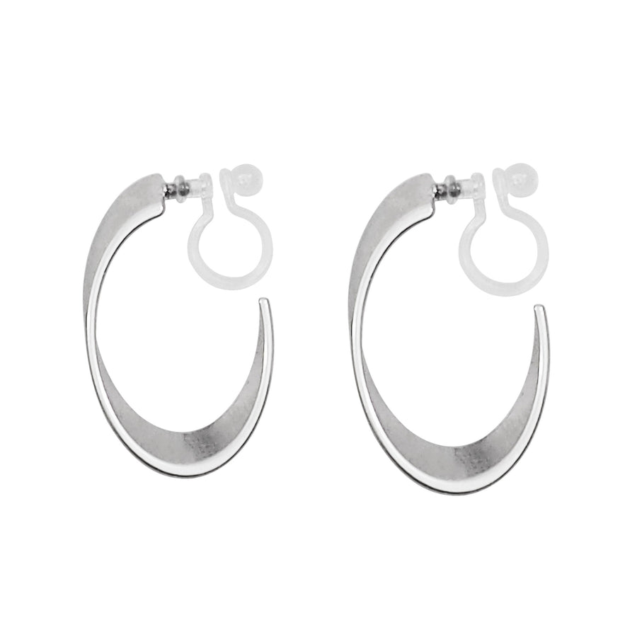Silver Twisted Oval Invisible Clip On Hoop Earrings - Miyabi Grace