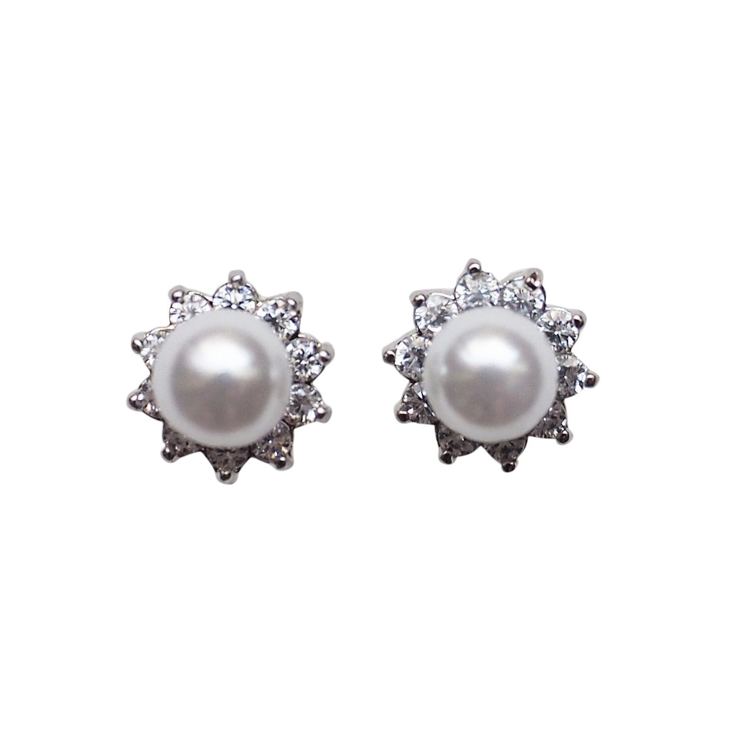 White Pearl & Cubic Zirconia Crystal Pave Invisible Clip On Stud Earrings ( Silver tone ) - Miyabi Grace