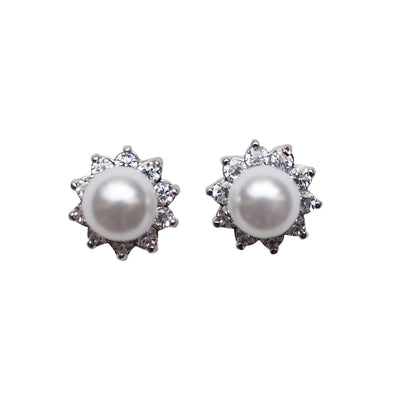 White Pearl & Cubic Zirconia Crystal Pave Invisible Clip On Stud Earrings ( Silver tone ) - Miyabi Grace