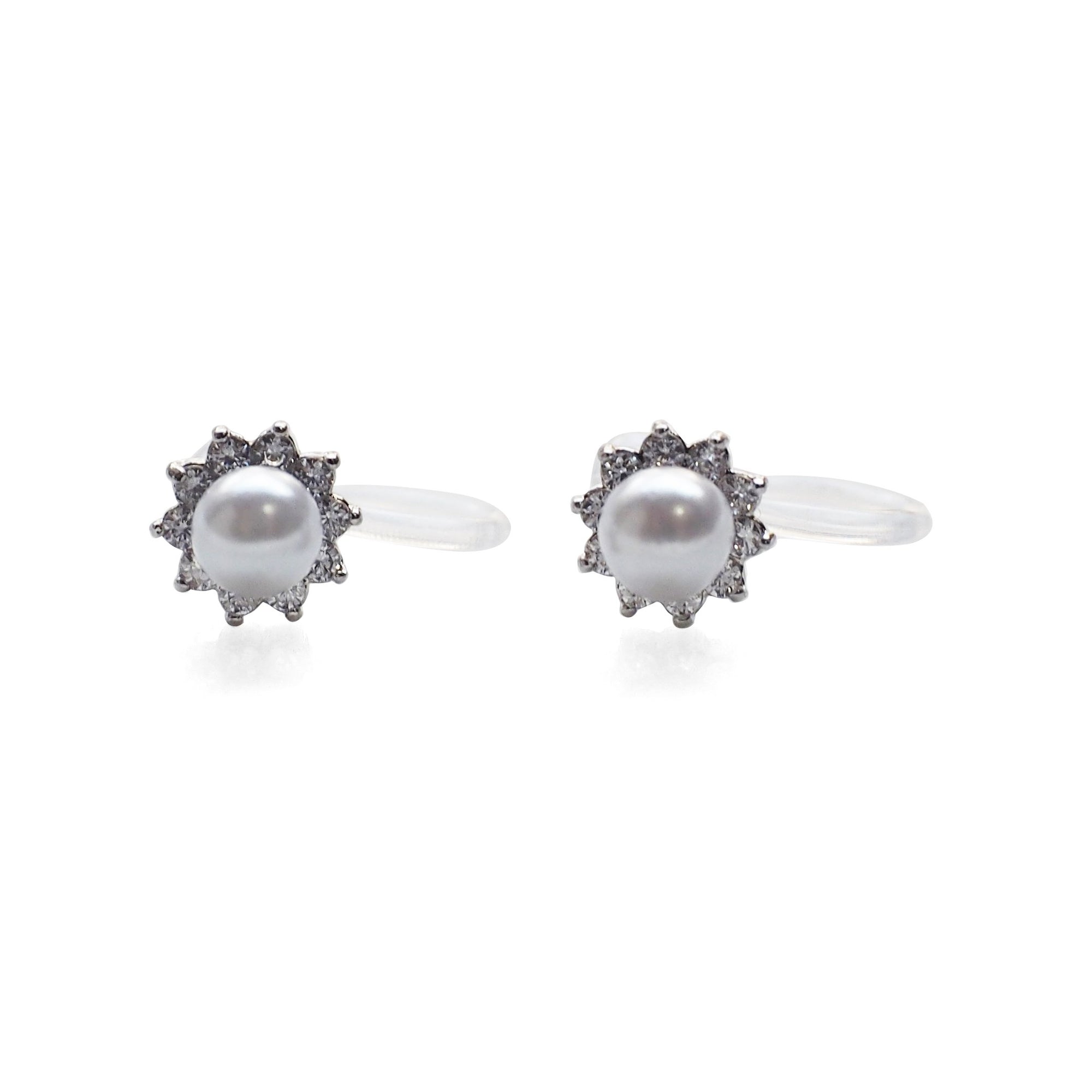 White Pearl & Cubic Zirconia Crystal Pave Invisible Clip On Stud Earrings ( Silver tone ) - Miyabi Grace