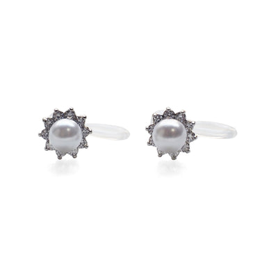 White Pearl & Cubic Zirconia Crystal Pave Invisible Clip On Stud Earrings ( Silver tone ) - Miyabi Grace