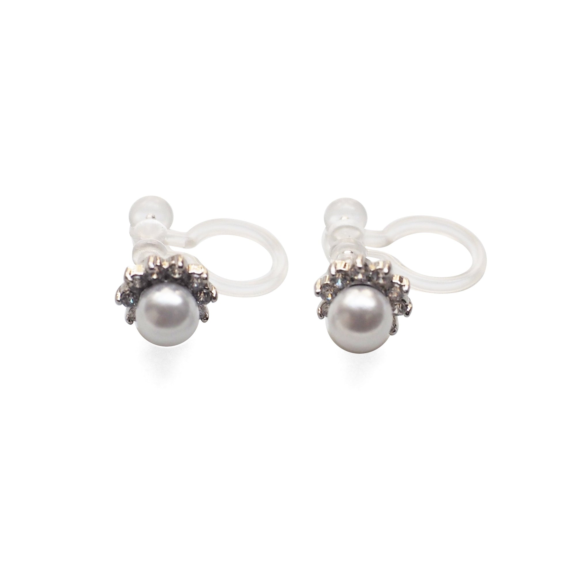 White Pearl & Cubic Zirconia Crystal Pave Invisible Clip On Stud Earrings ( Silver tone ) - Miyabi Grace
