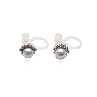 White Pearl & Cubic Zirconia Crystal Pave Invisible Clip On Stud Earrings ( Silver tone ) - Miyabi Grace