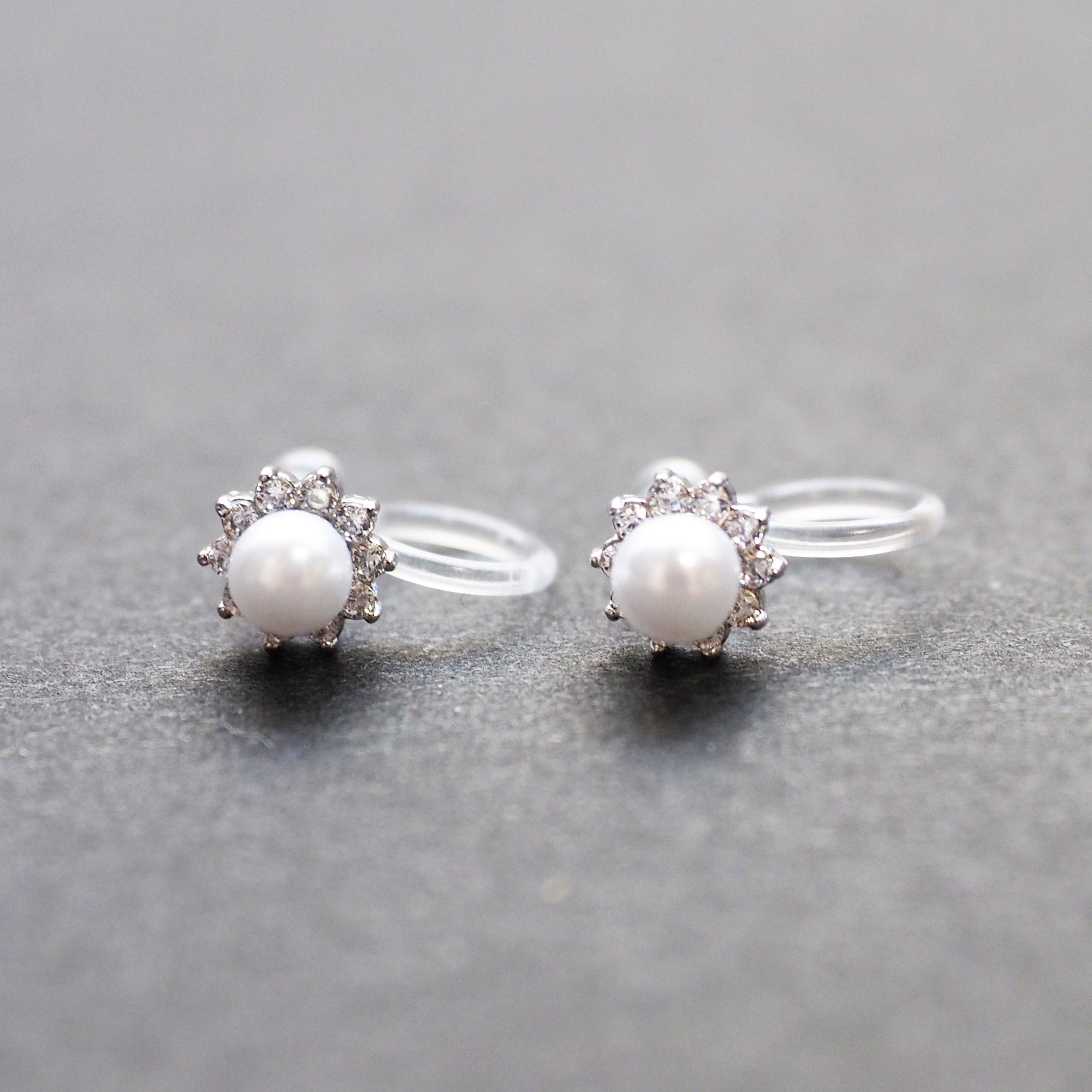 White Pearl & Cubic Zirconia Crystal Pave Invisible Clip On Stud Earrings ( Silver tone ) - Miyabi Grace