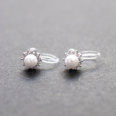 White Pearl & Cubic Zirconia Crystal Pave Invisible Clip On Stud Earrings ( Silver tone ) - Miyabi Grace