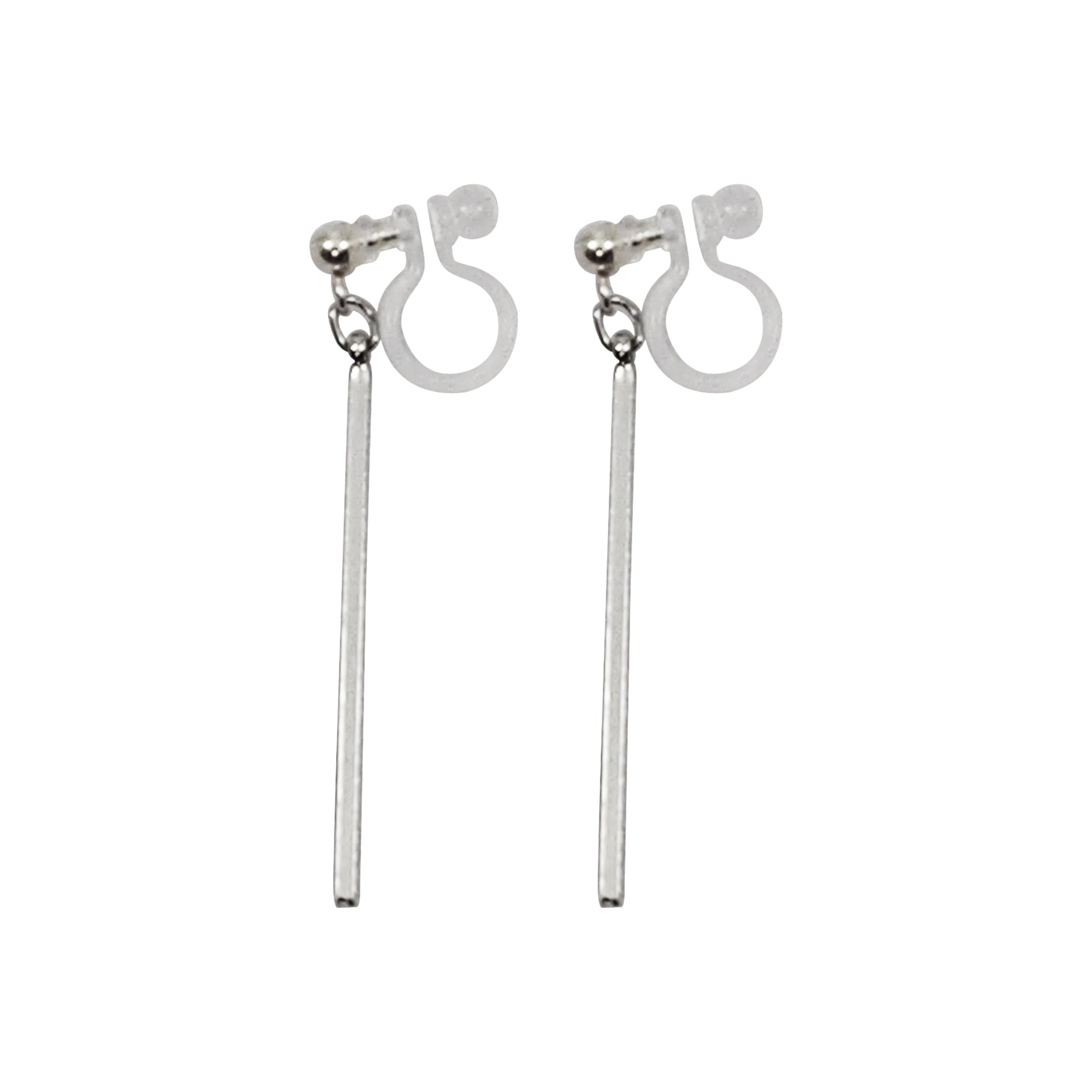 Silver Long Bar Invisible Clip On Earrings - Miyabi Grace