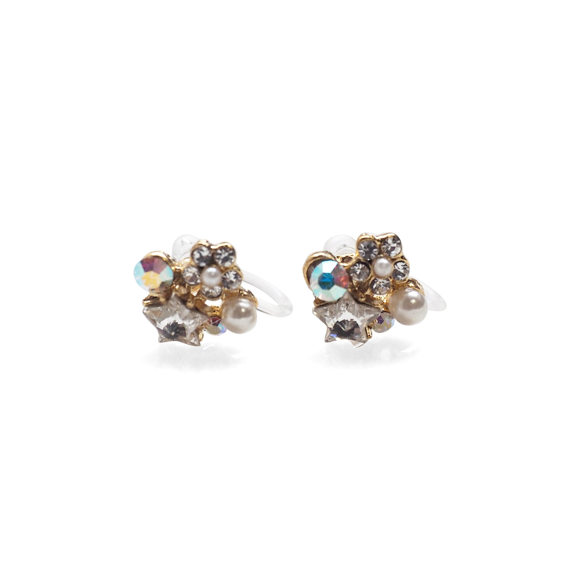Star Swarovski Crystal Rhinestone & White Pearl Invisible Clip on Stud Earrings ( Clear ) - Miyabi Grace