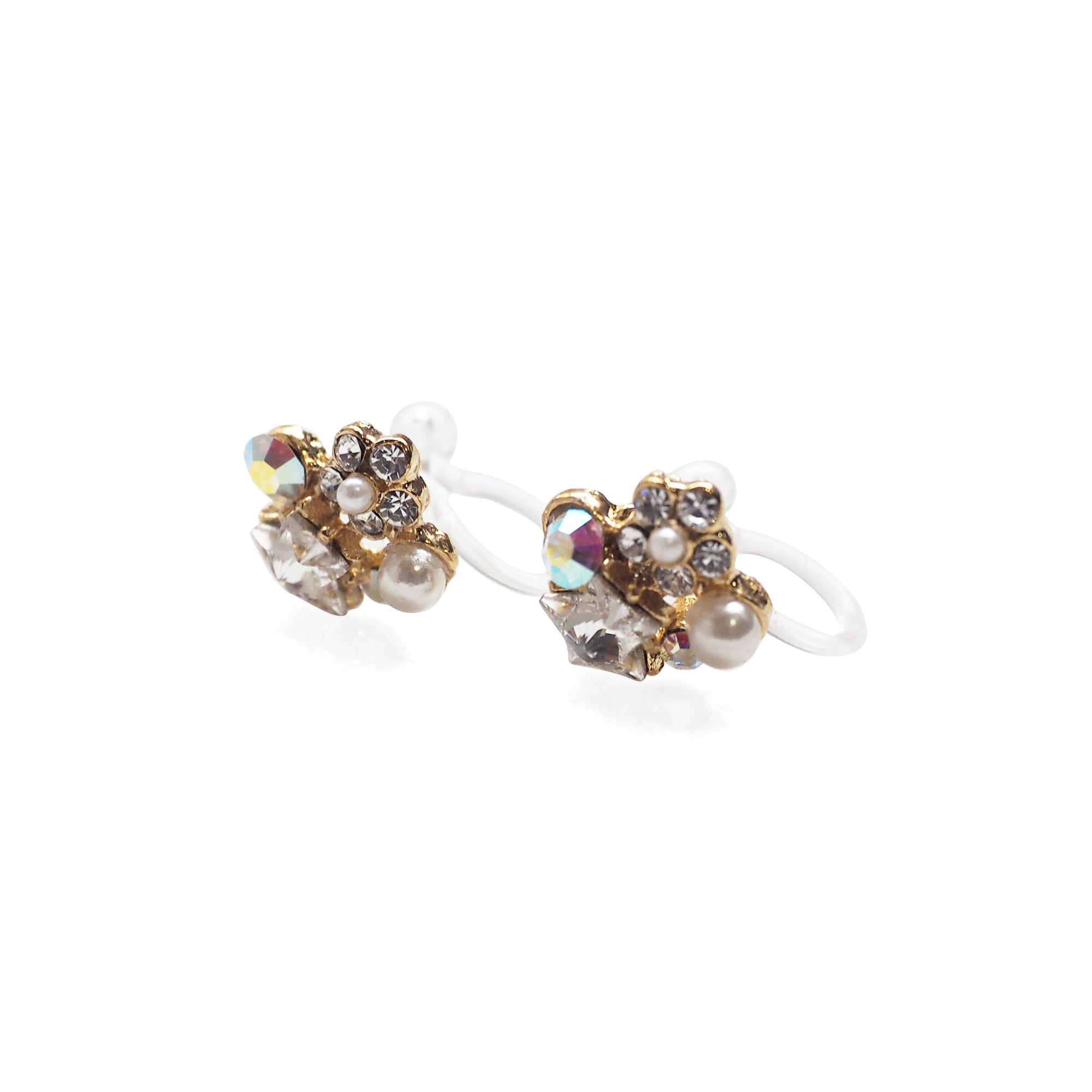 Star Swarovski Crystal Rhinestone & White Pearl Invisible Clip on Stud Earrings ( Clear ) - Miyabi Grace