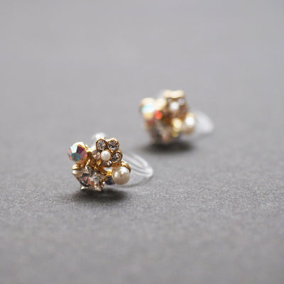 Star Swarovski Crystal Rhinestone & White Pearl Invisible Clip on Stud Earrings ( Clear ) - Miyabi Grace