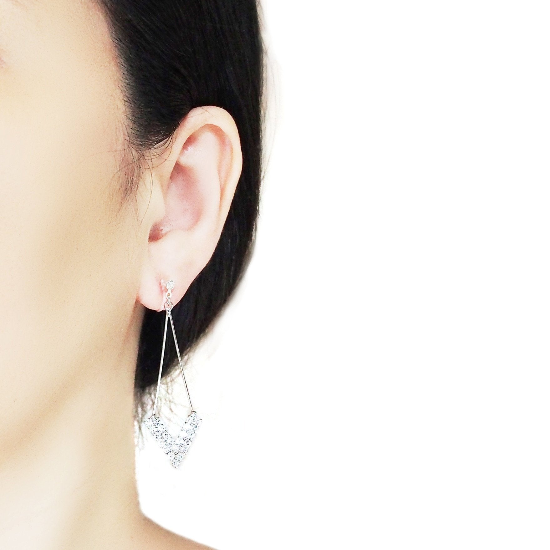 Dangle Silver Arrow Shaped Rihnestone Crystal Invisible Clip On Earrings