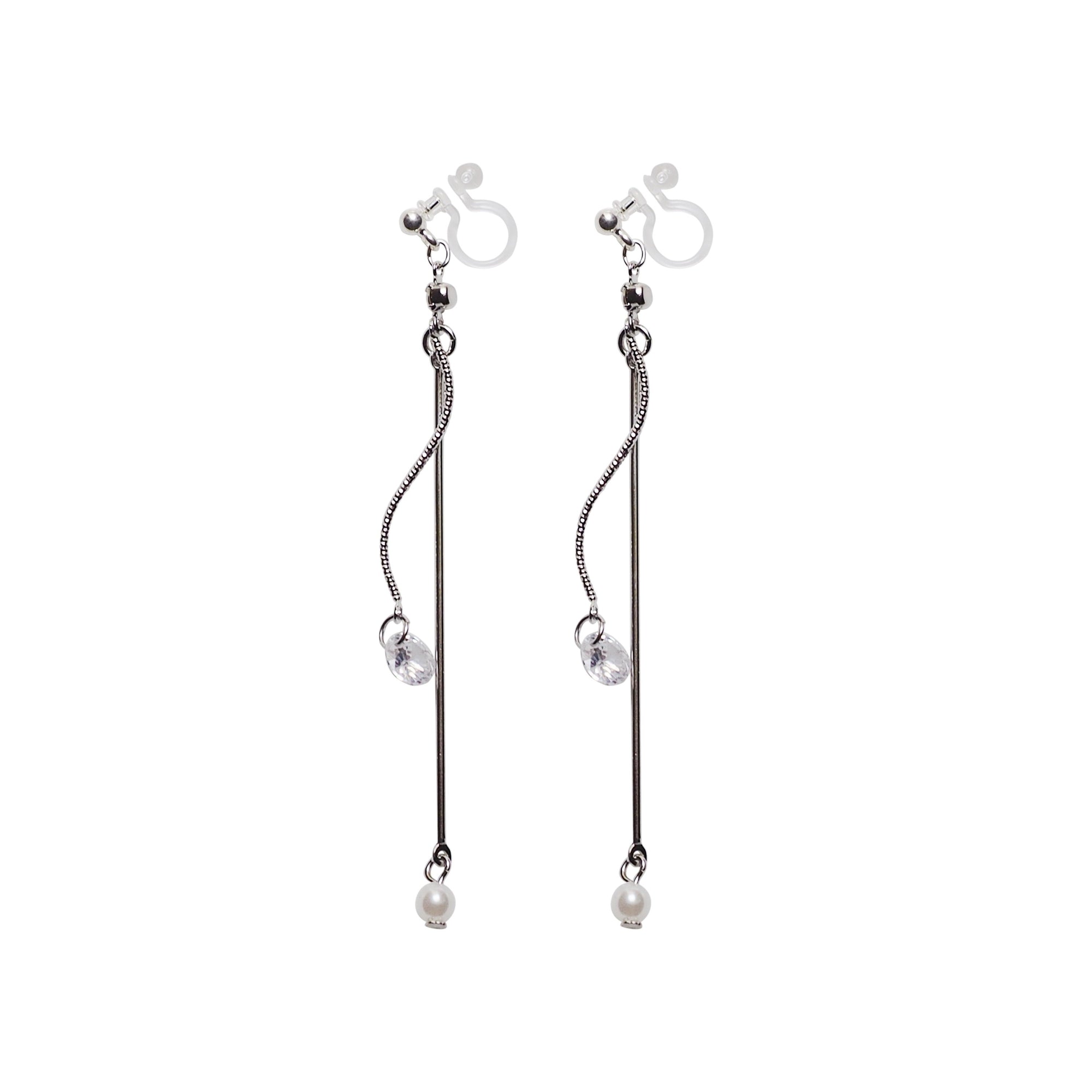 Dangle Silver Cubic Zirconia & Pearl Invisible Clip On Earrings