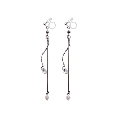 Dangle Silver Cubic Zirconia & Pearl Invisible Clip On Earrings