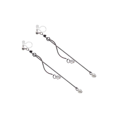 Dangle Silver Cubic Zirconia & Pearl Invisible Clip On Earrings
