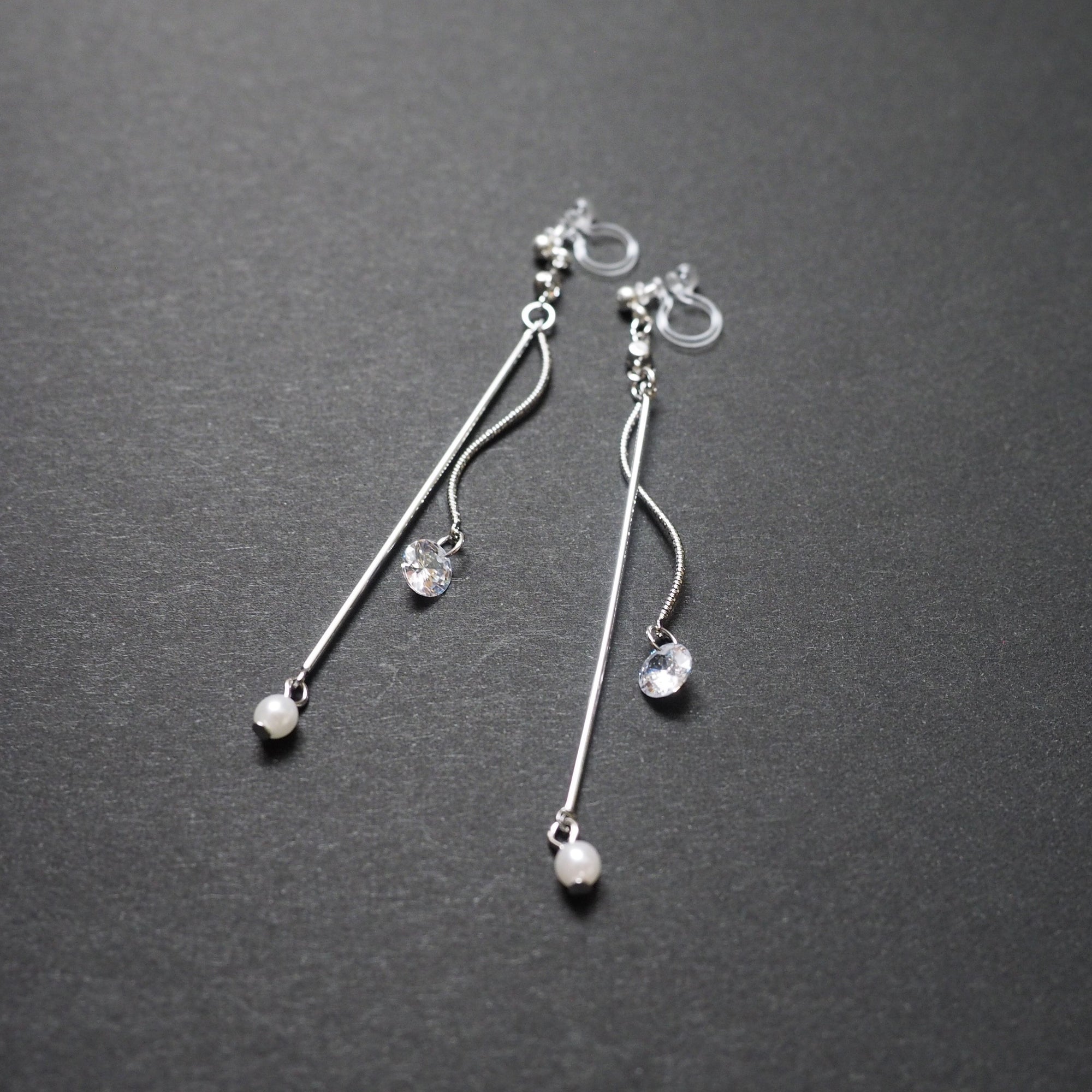 Dangle Silver Cubic Zirconia & Pearl Invisible Clip On Earrings
