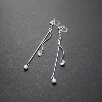Dangle Silver Cubic Zirconia & Pearl Invisible Clip On Earrings